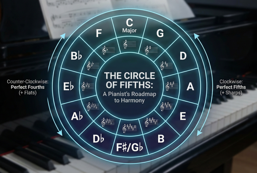 Circle of fifths diagram for piano showing major keys, key signatures with sharps and flats, and perfect intervals.