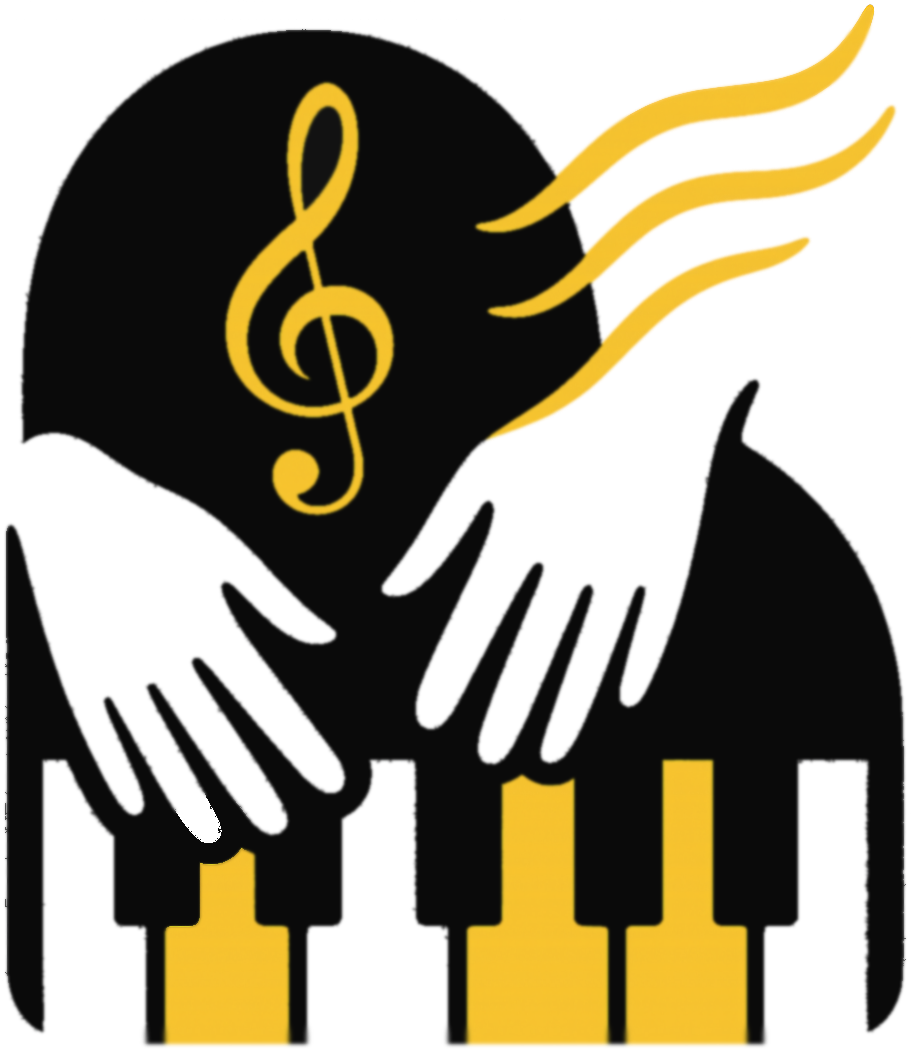 Logo showing two hands playing a stylized piano keyboard with a yellow treble clef and musical waves
