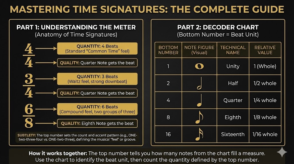 Infographic guide to musical time signatures. Left panel explains meter anatomy (beats vs. unit) with examples like 4/4 and 6/8. Right panel is a reference chart decoding bottom numbers into specific note values (whole through sixteenth notes). Gold and dark design.