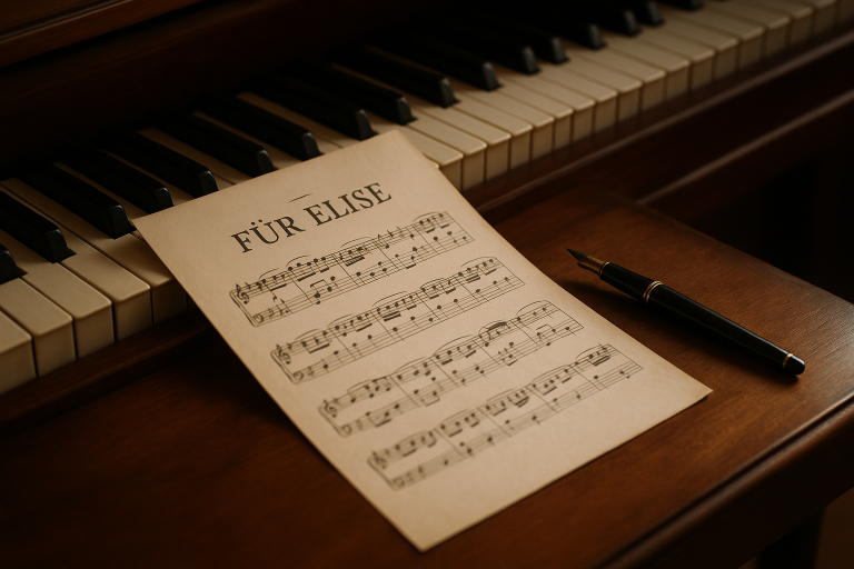 Für Elise sheet music by Beethoven placed on a piano with a fountain pen. Classical piano atmosphere