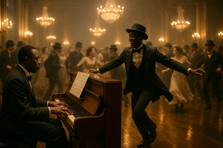 Scott Joplin plays “The Entertainer” on upright piano as dancers fill an elegant early-1900s ballroom, warm chandelier light