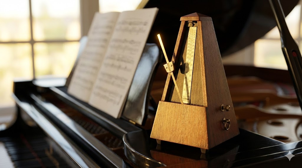 Mechanical metronome ticking on a grand piano, symbolizing the heartbeat of music.
