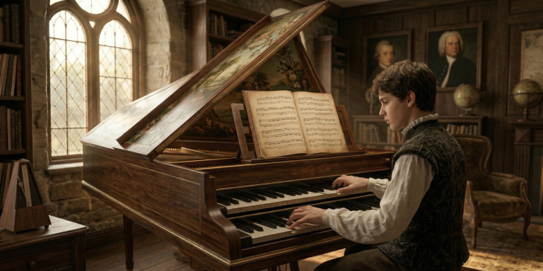 young-musician-playing-baroque-double-manual-harpsichord-in-bachs-library