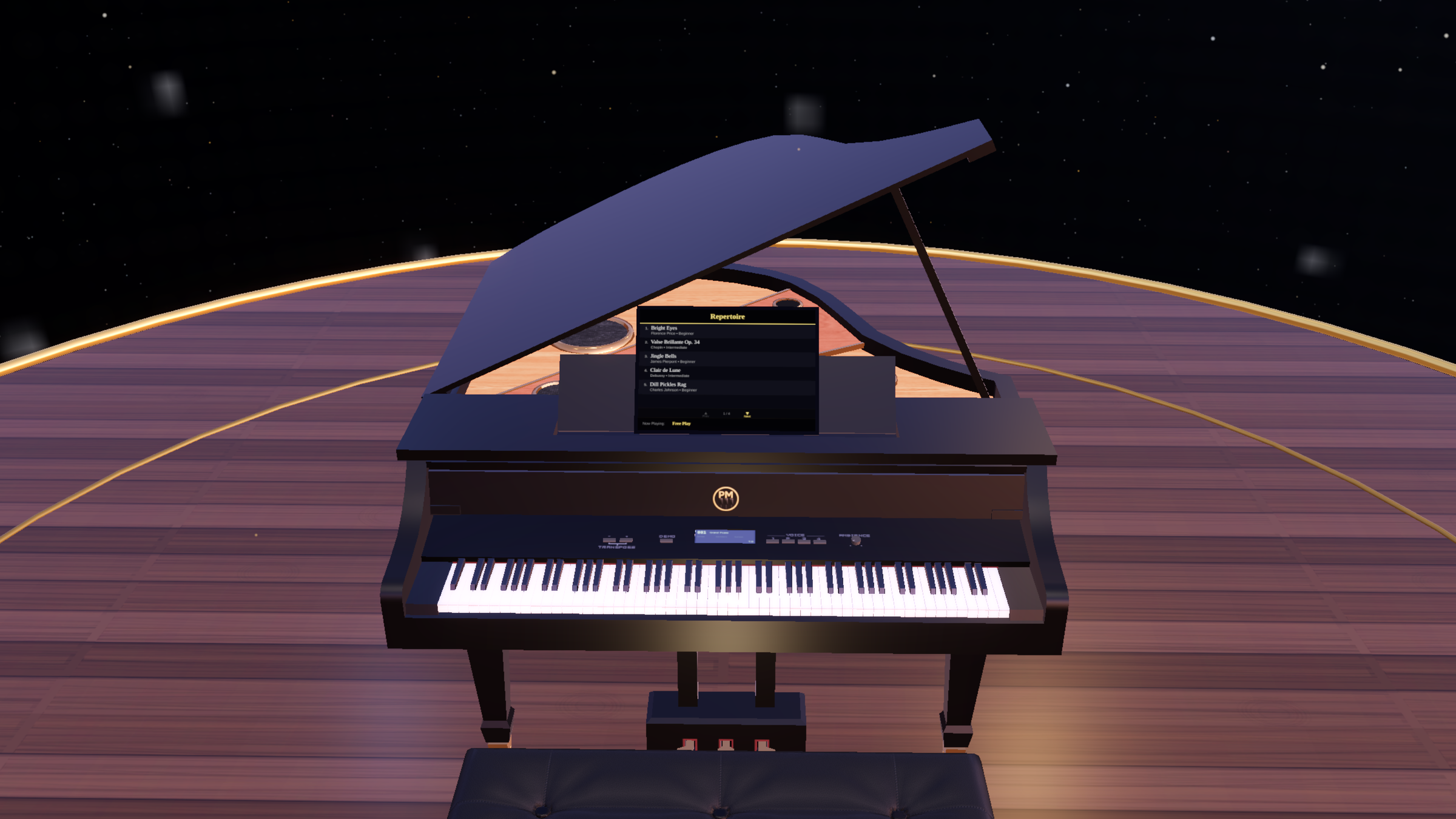 A grand piano on a starlit stage in the PianoMode 3D concert hall